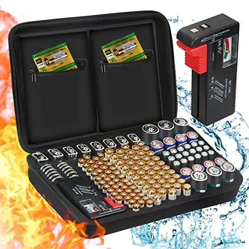 Batterie Aufbewahrungsbox Feuerfeste Tragetasche Batteriebox mit Tester Hält 148+ Batterien unterschiedlicher Größe für AAA,AA, 9V,C und D Größe (Batterie Nicht im Lieferumfang Enthalten)