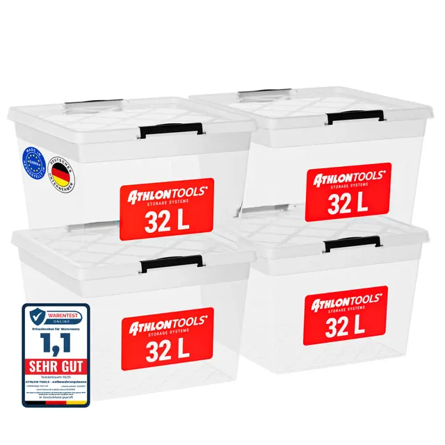 ATHLON TOOLS 4x 32 L Aufbewahrungsboxen mit Deckel, lebensmittelecht - Verschlussclips - 100% Neumaterial Plastik-Box transparent - Kleiderboxen stapelbar…