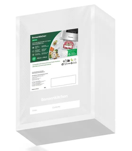 Bonsenkitchen Profi Vakuumbeutel, 100 Beutel 20x30cm Vakuumierbeutel für alle Vakuumierer & Lebensmittel Vakuumiergerät, Kochfest und Sous Vide Gefrierbeutel, BPA-frei, VB3205