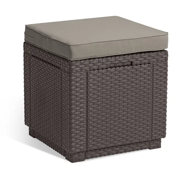 Allibert by Keter Cube Hocker mit Stauraum, braun, inkl. Kissen, Deckel abnehmbar, flache Rattanoptik, wetterfest, 42x42x39cm
