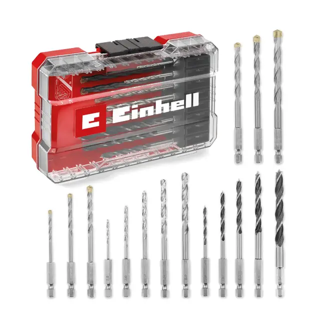 Original Einhell M-CASE 16-tlg. Bohrer-Set (Holzbohrer, Steinbohrer und Metallbohrer mit E 6.3 Schaft für Akkuschrauber und Bohrmaschinen inkl. Aufbewahrungsbox)