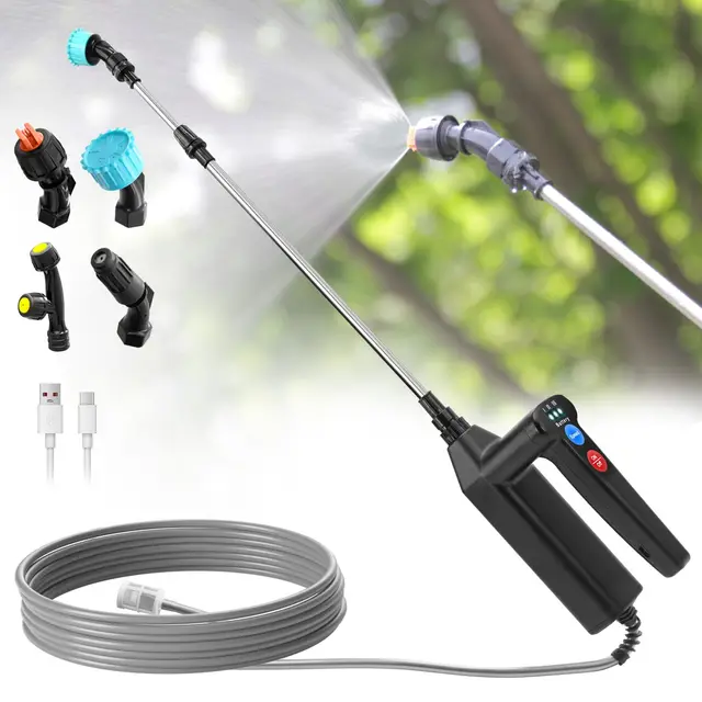 SYLSTAR Akku Drucksprüher mit 3 Sprühgeschwindigkeiten,7.4V Stärkerer Elektrischer Pflanzensprüher, 4 Verstellbaren Düsen Elektrischer Drucksprüher,8m Schlauch und 60cm Ausziehbarem Sprührohr