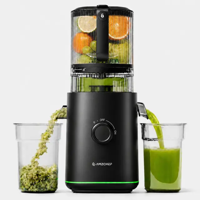 AMZCHEF Entsafter Slow Juicer 600W, 160 mm Einfüllschacht für Ganze Früchte und Gemüse, 2,5L Kaltpresse Saftpresse für frische Säfte, Sorbet & Nussmilch, Hohe Saftausbeute, Leise, Matt Schwarz