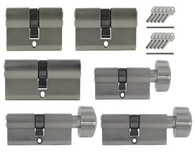 Set6 6x Zylinderschloss Gleichschließend Verschiedene Größen 1x70mm 1x80mm 1x100mm/1x70mm 2x90mm mit Knauf inkl. 10x Schlüssel (mit Not- und Gefahrenfunktion)