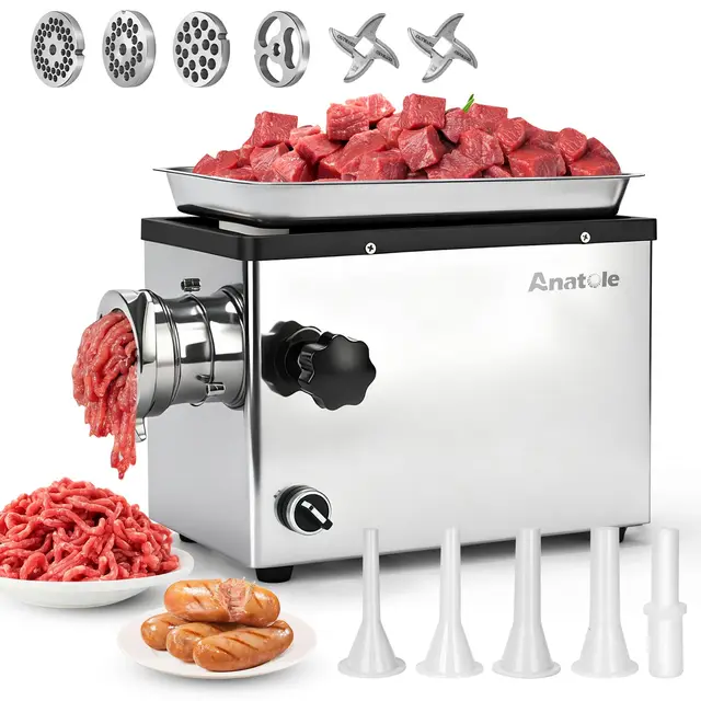 Anatole Fleischwolf Elektrisch Profi Hackfleisch Maschine 950W Edelstahl Multi Wurstmaschine mit 6/8/10mm/3-Loch Schleifplatten 1 Wurstfüller 2 Klingen für Restaurant Hotel 220V