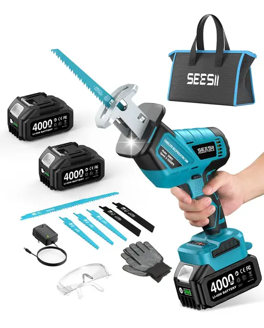 SEESII Säbelsäge Akku, 3500 RPM Bürstenloser Motor Akku Universalsäge mit 2 x 4.0Ah Batterien, LED Licht, 8 Sägeblätter tragbar für Holz PVC Schneiden