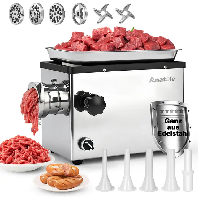 Anatole Fleischwolf Elektrisch Edelstahl Integral 1100W Profi Hackfleisch Maschine Multi Wurstmaschine mit 6/8/10mm/3-Loch Schleifplatten 1 Wurstfüller 2 Klingen für Restaurant Spülmaschinenfest 220V