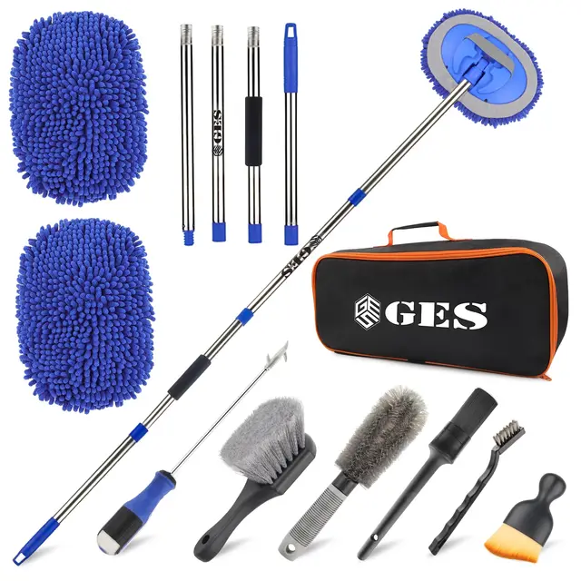 GES Wischmopp Auto Wischmopp mit langem Stiel Bürste 62 Zoll Teleskop Wischmopp Set Mikrofaser 2 in 1 mit Tasche