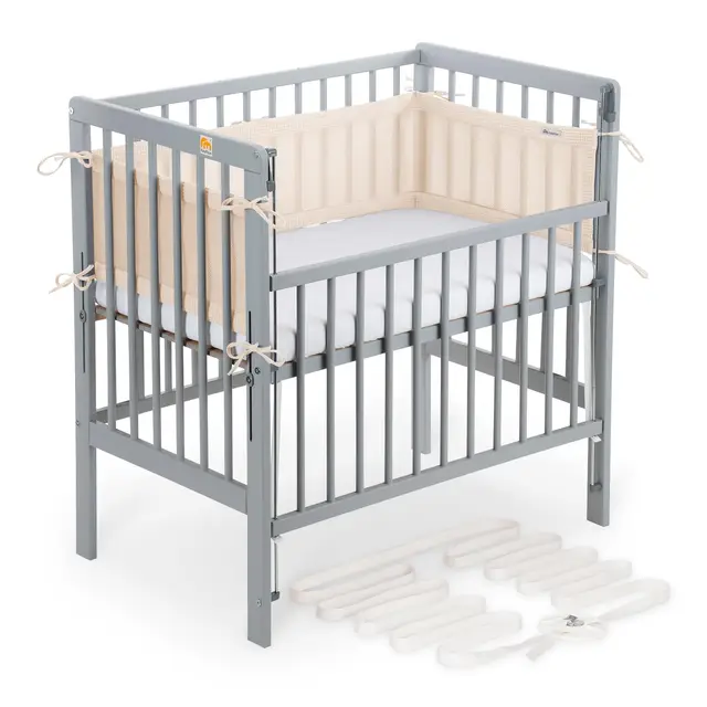 FabiMax Boxspring Baby Beistellbett Flex 90x55, aus Buchenholz grau lackiert, mit innovativem verstellbarem Seitengitter, passend für Boxspringbetten (Matratze Classic, Beige)