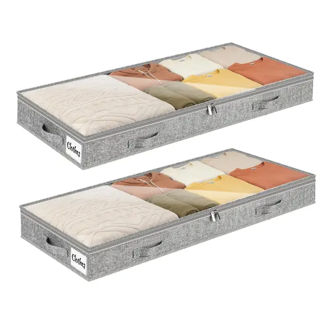 2 Stück Unterbett Aufbewahrungsbox,10cm hoch Unterbettkommode mit klarem Deckel, Faltbare Kleideraufbewahrung & Organisation für Kleidung, Bettdecken, ohne Innenstruktur, 4 Griffen & 2 Reißverschluss
