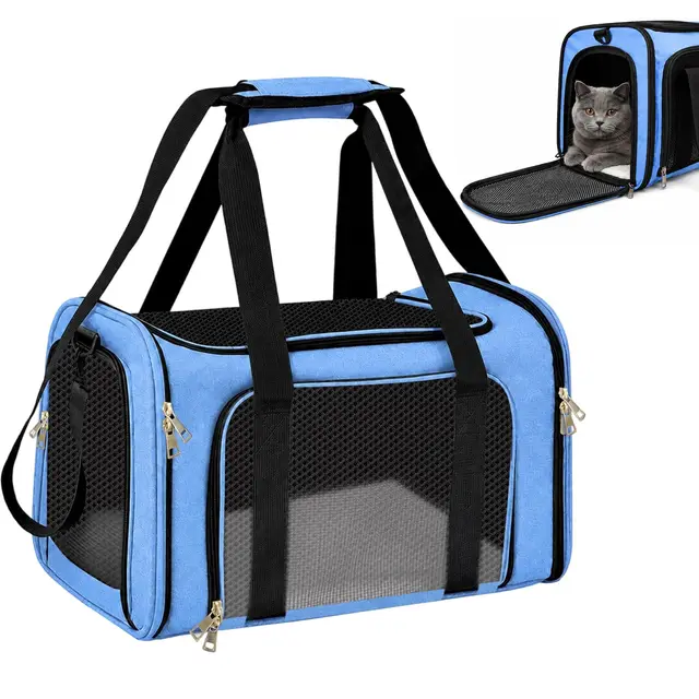 Transportbox Katze, Katzen Transportboxen, Faltbare Tragbare Katzentransportbox, Leichte Tragebox Bis 8kg, Für Kleine und Mittelgroße Katzen, Belüftet (Blau, L 45 x B 30 x H 30 cm)