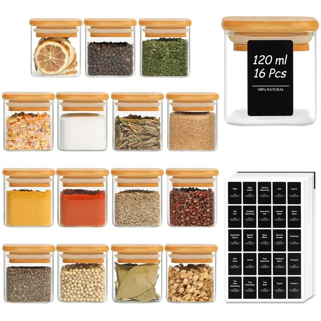 ComSaf Gewürzgläser Eckig 120 ml mit Bambusdeckel 16er-Set