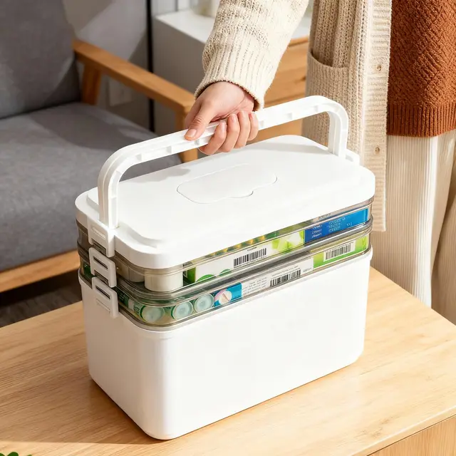 3 Tier Medikamenten Aufbewahrung Medizinbox - Medizinkoffer Hausapotheke box mit Fach Erste Hilfe Kasten Aufbewahrungsboxen Medizin Organizer Arzneischrank Tragbare Medizintruhe, 28 x 25 x 15cm