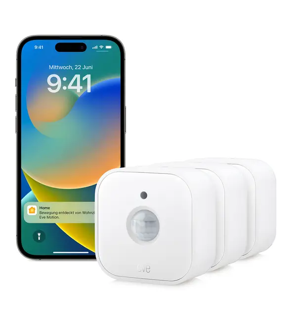 Eve Motion (Matter) 3er Set: Bewegungsmelder (Innen oder Außenbereich), aktiviert Leuchten und Geräte, Thread, für Alexa, Apple Home, Google Home, SmartThings, Thread Border Router erforderlich