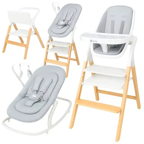 Twinly - Baby Hochstuhl Set 5in1: multifunktional Alaia, Lernturm, Kinderstuhl - ab Geburt 0m+ - Faltbar und ergonomisch aus Buchenholz – Abnehmbare Tischplatte und Sicherheitsgurt