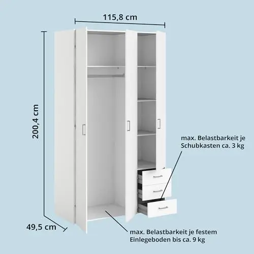 khg kleiderschrank weiß 3-türig mit