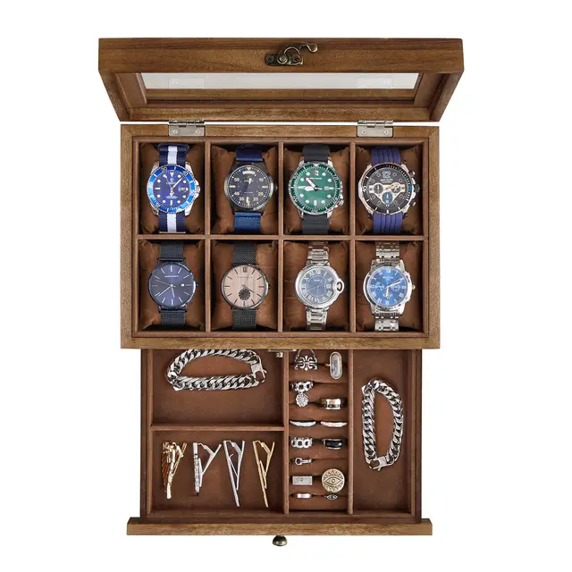 SONGMICS GISELLA Kollektion - Uhrenbox mit 8 Fächern, Uhrenkasten aus Massivholz, mit Glasdeckel, Uhrenkissen, Schmuckaufbewahrung, Geschenk für Ihre Liebsten, walnussfarben JOW008K01