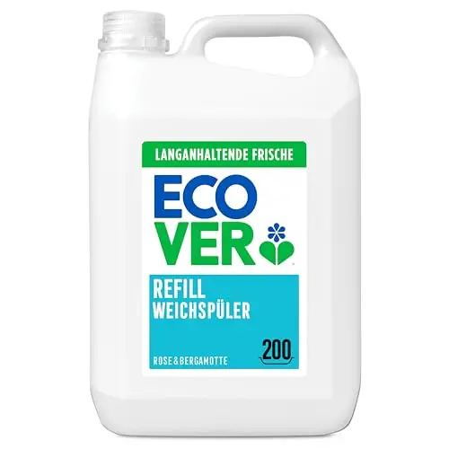 Ecover Weichspüler Nachfüllpack, sorgt für weiche und geschmeidige Wäsche, Rose und Bergamotte, 200 Wäschen, 1 x 5L