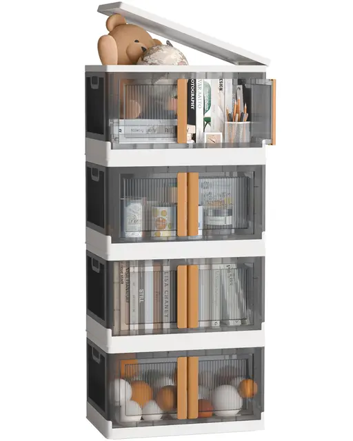 NETEL Aufbewahrungsbox mit Deckel groß, Stapelbare Aufbewahrungsboxen 94L 4 Stück, Dicker Hartplastik Box, Durchsichtig Stapelboxen mit deckel, Faltbare Aufbewahrungsbox mit Tür und Rollen,4 Deckel