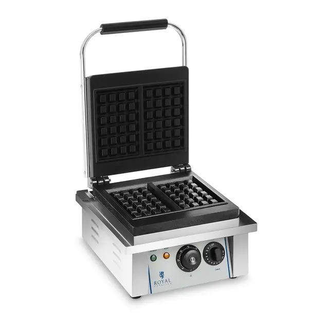 Royal Catering - Waffeleisen Waffelautomat (rechteckig, 37 x 32 x 50 cm, 2.000 W, 10 x 17 cm Waffel, 15 min Timer, Gusseisen & Emaille, Edelstahlgehäuse) Silber