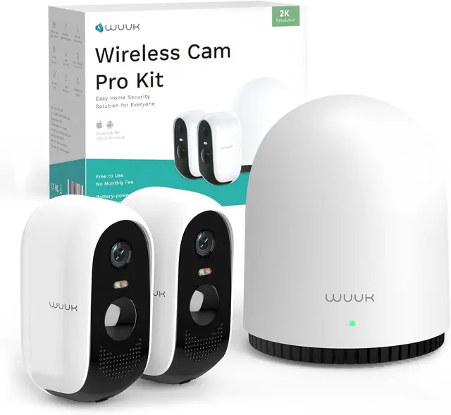 WUUK Überwachungskamera Aussen Akku, Kamera Überwachung Innen, 2K, Ohne ABO, 32 GB Lokalem Speicher, Nachtsicht, 2.4/5GHz WLAN, Kompatibel Mit Alexa & Google, Basisstation + 2-Kamera-Set