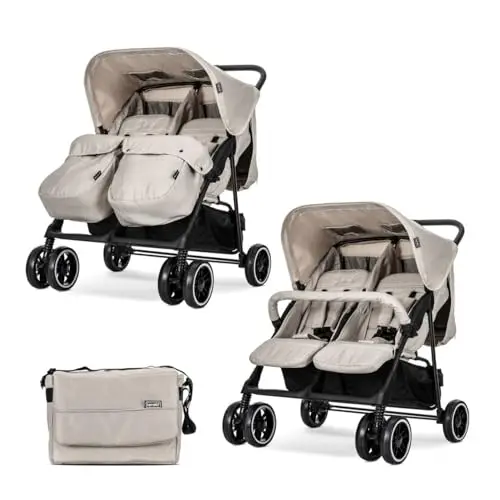 Lorelli Zwillingskinderwagen, Twin Zwillingsbuggy klappbar für 2 Kinder, Leicht, Kompakter Zwillingswagen, Geschwister Kinderwagen mit Einhand-Klappsystem, Beige