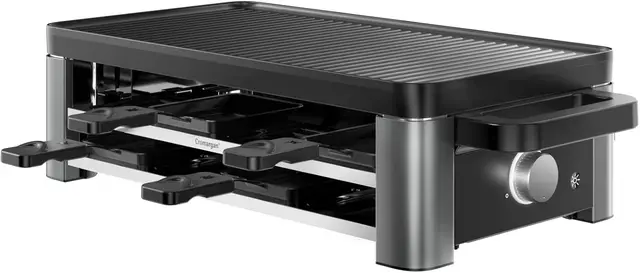WMF Master Raclette Grill mit Keramikpfännchen und Schiebern, Raclette 8 Personen, 1500 W, mit Ablage, variable Temperaturkontrolle, antihaftbeschichtet, spülmaschinengeeignet, edelstahl schwarz matt