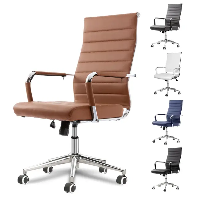 UEV Bürostuhl 150 kg belastbar mit Wippfunktion Ergonomisch Schreibtischstuhl mit Armlehne Drehstuhl Office Chair S-förmige Lendenwirbelstütze gepolsterter Sitz höhenverstellbar aus Kunstleder, braun
