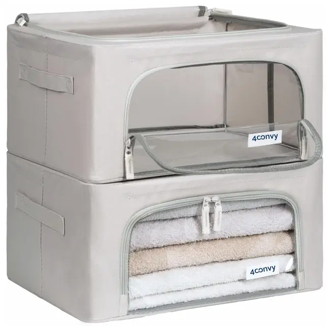 4CONVY Kleideraufbewahrung Kleiderschrank Box mit Reißverschluss Metallrahmen - große faltbare stapelbare Aufbewahrungsbox -2x24L Aufbewahrungstaschen - Kleiderbox für Bettdecke Kleidung Aufbewahrung