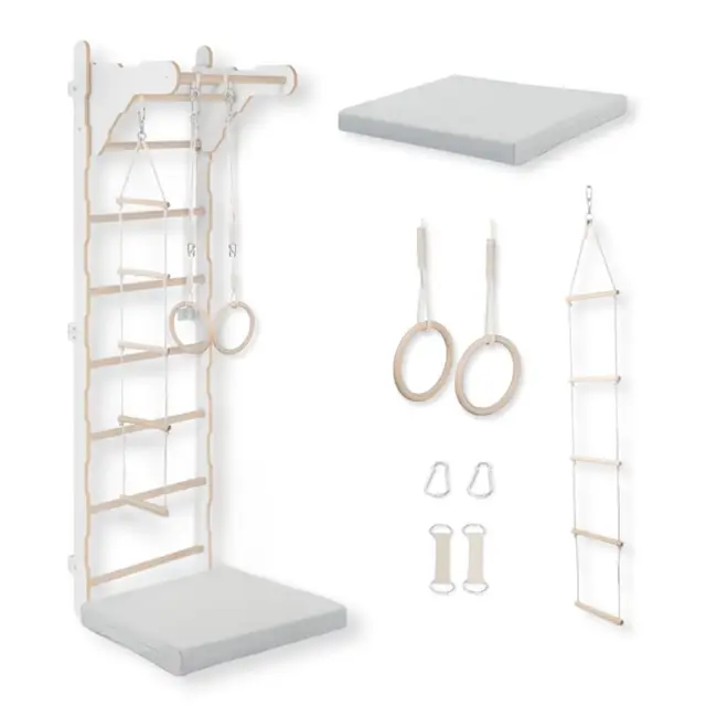 MAMOI® Gymnastik-Sprossenwand Kletterwand für Kinderzimmer | Sprossenwand aus Holz für Zuhause | Strickleiter für Kinder | Turnringe | Turnmatte | Wandmontierte Trainingsleiter | Holz-Spielplatz