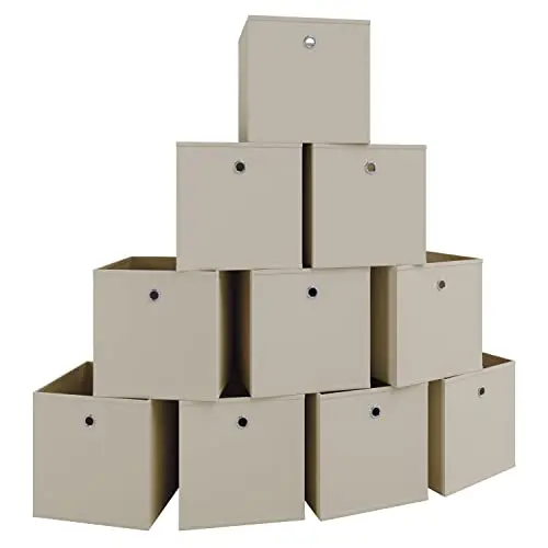 VCM 10er Set Faltbox | Klappbox Stoff Kiste | Faltschachtel | Maße ca. H. 28 x B. 27 x T. 27 cm | Regalbox - Boxas Weiß-Natur