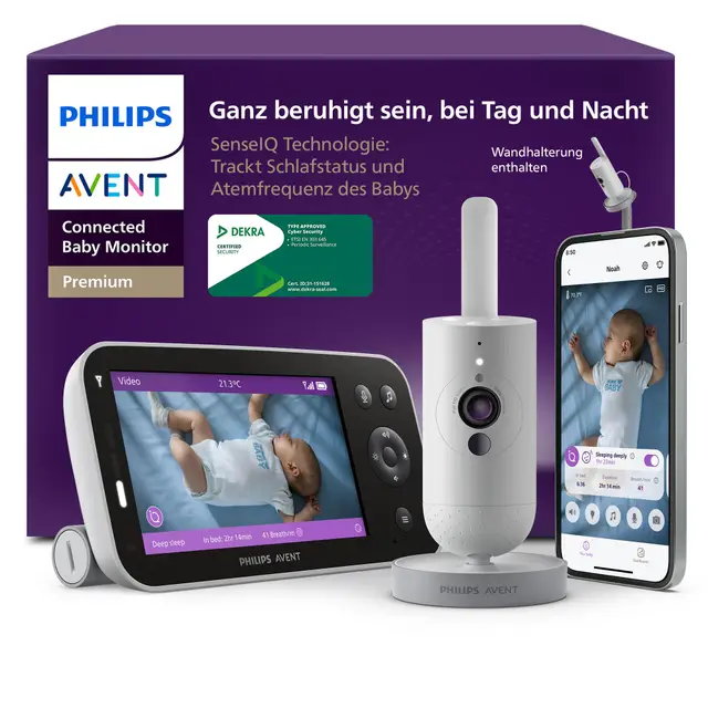 PHILIPS Avent Premium Connected Babyphone mit App - 1080 px HD-Kamera, Schlaf- & Atemtracking mit KI, Schrei-Interpretation, Dekra-Zertifiziert für höchste Cybersicherheit, Wandhalterung, SCD974/26