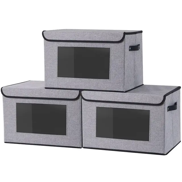 3 StüCk Aufbewahrungsboxen Stoff, Faltbare Aufbewahrungsbox, Boxen mit Deckel Aufbewahrung, Ordnungsboxen, Schrank Organizer mit Fenster, Grau, 33x23x20cm