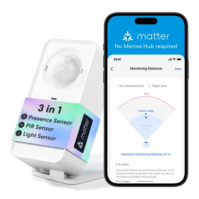 Meross Matter Präsenzmelder, 3-in-1 Smart Anwesenheitssensor mit AI-Erkennung, WLAN Bewegungsmelder mit App-Benachrichtigung, Funktioniert mit Apple HomeKit, Home Assistant, Alexa, Google Home