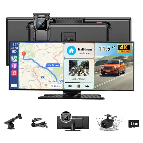 kuayvan 11.5 Zoll Carplay Display Android Auto Display,4K Car Play Kabelloses Carplay Android Auto Bildschirm mit siri/GOO-gle,Navigation,Bluetooth,AUX/FM,Dash Cam,Rückfahrkamera,Mirror Link