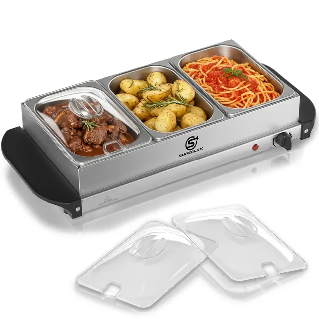 2in1 Warmhalteplatte und Buffetwärmer aus Edelstahl 200W mit 3x1,5L Speisebehältern Gleichmäßige Wärme Speisewärmer für Buffets Partys Familienessen Catering Events Kompakt Leicht Reinigung