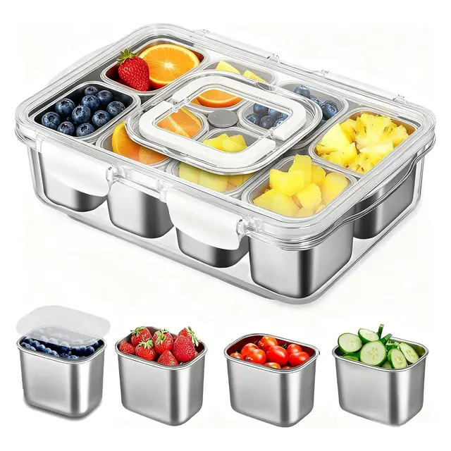Snackbox mit 8 Edelstahl Fächern Tragbar Snack Aufbewahrungsbox mit Deckel und Griff, Auslaufsicherer Snackdose Organizer für Snacks Süßigkeiten Keksen Dessert GemüseNüsse Obst Gewürze
