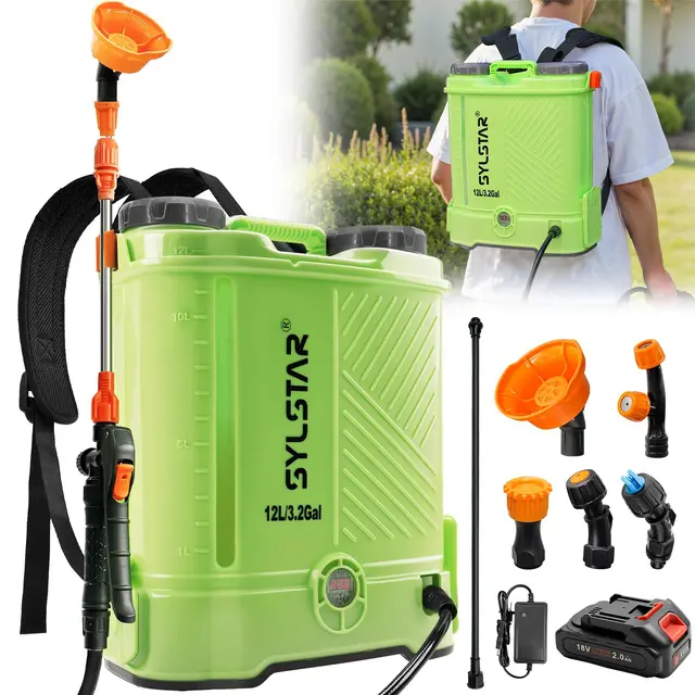 SYLSTAR Drucksprüher 12L, 5.5Bar Stärker Drucksprüher Akku Kompatibel mit Makita 18V Batterien,5 Düsen Elektrischer Pflanzensprüher Einstellbare Sprühstärke(Ladegerät enthalten)
