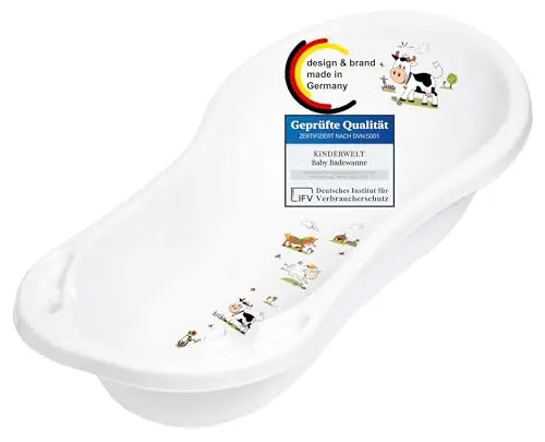 KiNDERWELT Babywanne 100 cm - Baby Badewanne mit Funny Farm Motiv - BPA-Frei - Wanne zum Baden für Babys und Neugeborene -aqua