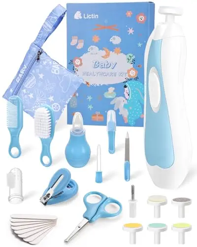 Lictin Baby Nagelfeile Elektrisch, Elektrische Nagelfeile mit 6 Schleifkopf, 26 in 1 Baby Nagelset mit LED Licht, Nagelpflegeset Elektrisch für Babys, Kleinkind, Erwachsene, USB Laden, Hellblau