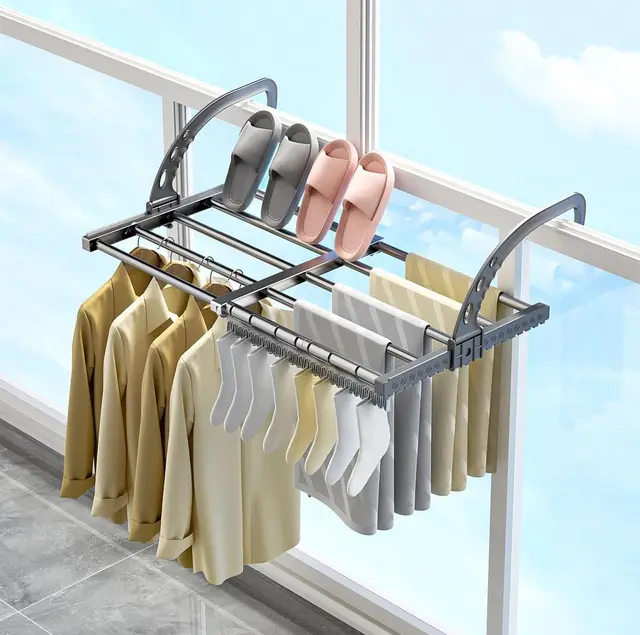 ANEWSIR Wäscheständer Balkon Wäschetrockner Ausziehbar Faltbar Klein, Heizkörper Wäscheständer Heizung Hängetrockner Wand für Draußen & Drinnen (38-55 cm), Winddicht Sockenaufhänger Inklusive.