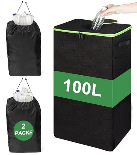 102L Pfandflaschen Sammelbehälter mit Deckel & 2 Wasserdicht Taschen, Groß Pfandflaschen Aufbewahrung, Faltbarer Flaschensammler mit Loch für Pfandflaschen, Altglas,Dosen, Ideal für Küche (Schwarz)