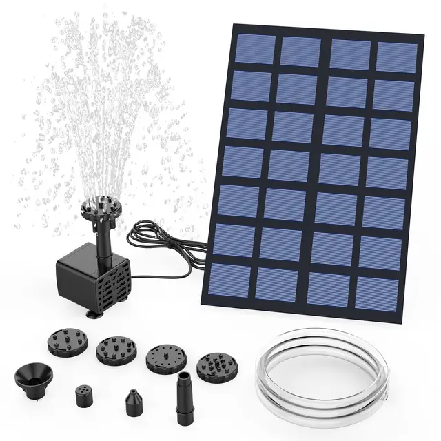 AMZtime Solar Springbrunnen für Außen 2.5W DIY Solarbrunnen für Draussen Upgrade Solarbrunnen mit 1.2 m Wasserleitung Solar Teichpumpe mit 6 Fontänenstile Solarpumpe für Gartenteich, Vogel-Bad
