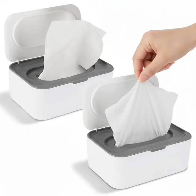 2 Stück Feuchttücher Spender Box, Nachfüllbare Feuchttuch-Box mit Deckel, Hält Feuchttücher Frisch & Sauber, Einhand-Bedienung, Grau – Ideal für Bad, WC und Kinderzimmer