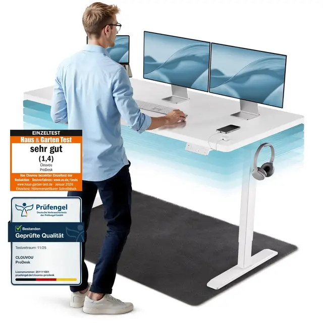 CLOUVOU ProDesk Höhenverstellbarer Schreibtisch elektrisch 160x80cm [TESTSIEGER] Dual-Motor Schreibtisch höhenverstellbar elektrisch | Elektrischer Schreibtisch mit Memory, 2X USB & Kabelversteck
