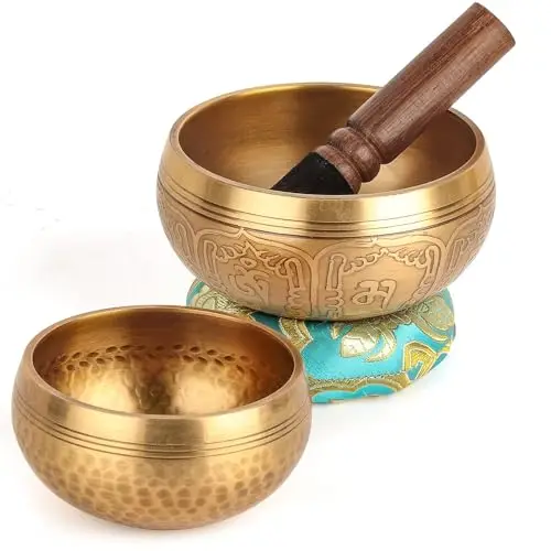 Tibetisches Klangschalen-Set, 100% handgefertigt in Nepal, Klangschale, Set für Meditation, Yoga, Chakra, Meditationsgeschenke, einzigartige Geschenke für Frauen, 2 Stück (10cm+8cm)