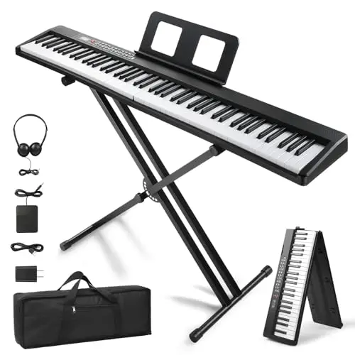 Bonnlo E Piano 88 Tasten, Faltbares Digitalpiano mit Halbgewichteter Keyboard, X-Ständer, Audio- & MIDI-Bluetooth, Sustain-Pedal-System, Kopfhörer – für Anfänger & Fortgeschrittene, Schwarz