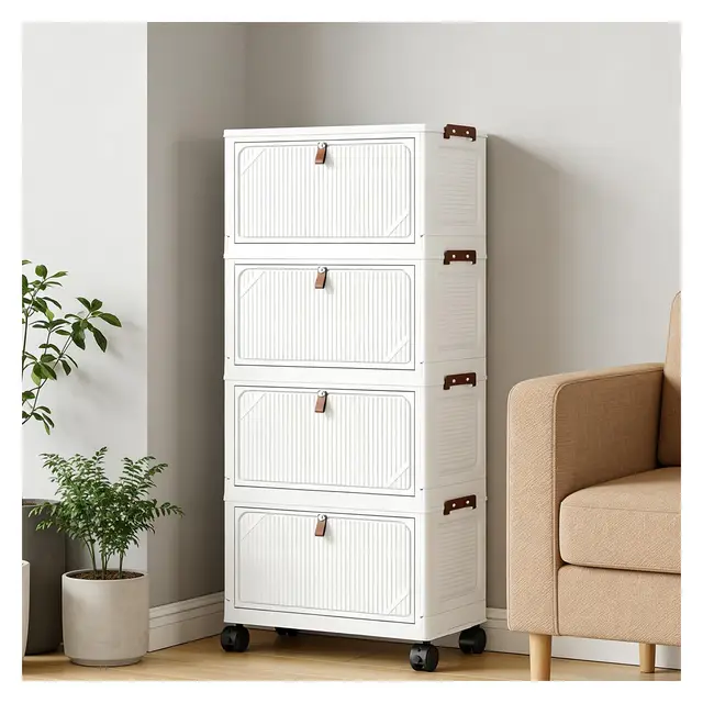 Aufbewahrungsbox mit Deckel, 32L*4 Boxen Aufbewahrung, Stapelboxen mit Deckel, Faltbare Aufbewahrungsboxen mit Tür und Rollen, Klappbox für Haus und Büro, Weiß