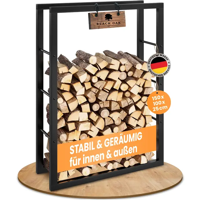BLACK OAK Kaminholzregal JACK 150x100x25cm schwarz - für innen & außen bis 800kg Holz - Metall Stahl Rahmen pulverbeschichtet rostfrei Brennholzregal Holzregal Kaminholz Aufbewahrung für Brennholz