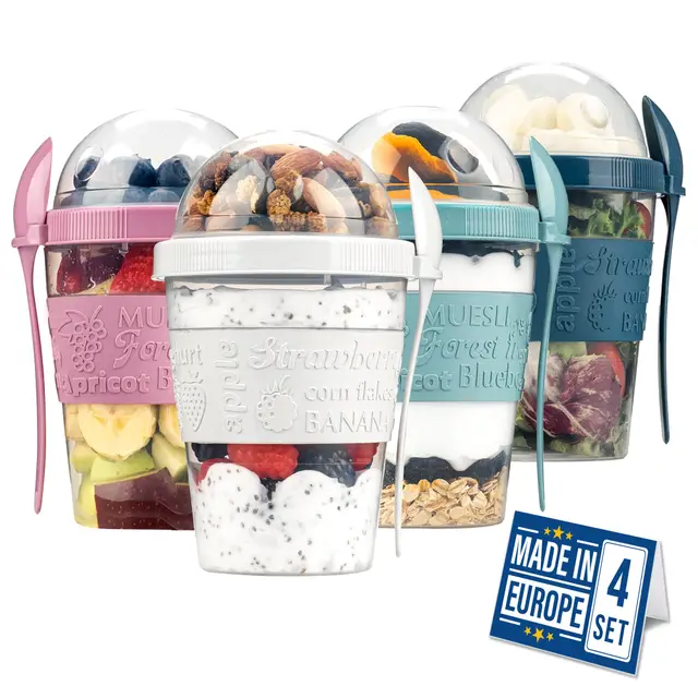 Crystalia Joghurtbehälter 4er Set 600ml 100% BPA FREI Müslibecher mit Löffel Fruchtjoghurtbehälter, Müsli To Go zum Frühstück, Obstbehälter, Salatbecher Reise Müsli Becher, Joghurtbecher To Go